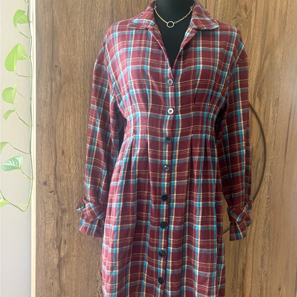 SHEIN Burgundy and Blue Plaid Shirt style Dress